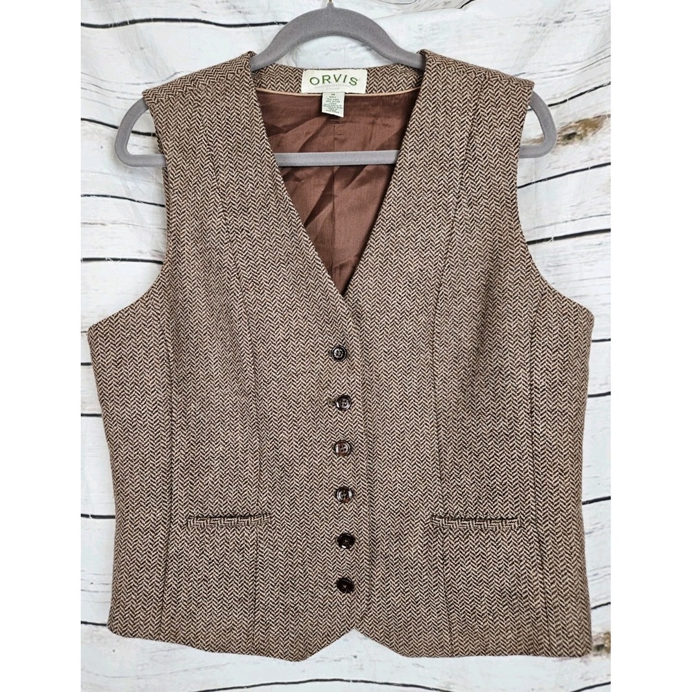 Vtg Orvis Tweed Womens Vest Waistcoat 14 Wool Blend Brown Equestrian Old Money